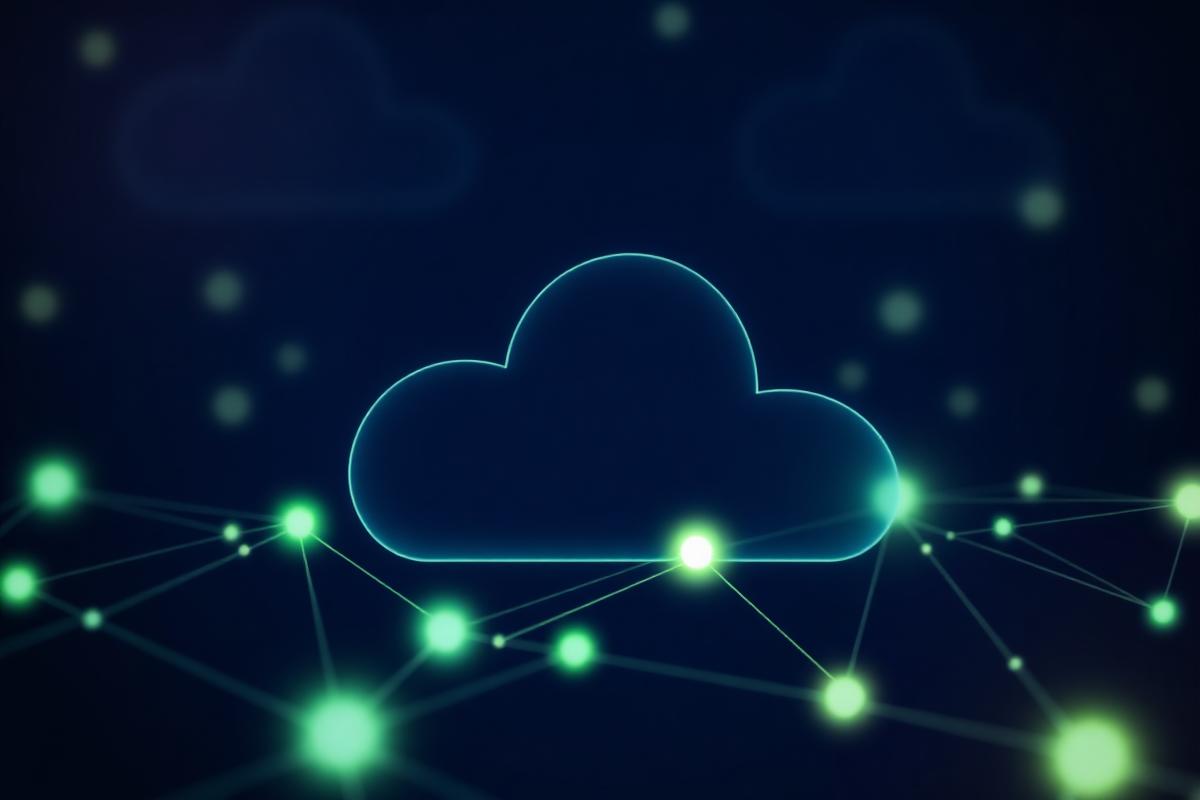 Abstract visualisation of a cloud platform connected to a network of nodes