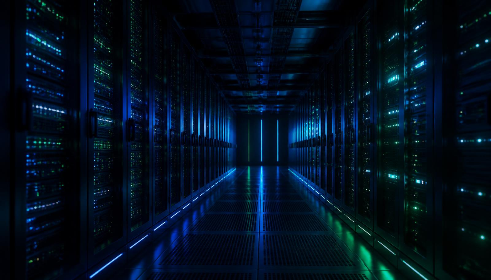 Rows of illuminated server racks in a data centre corridor