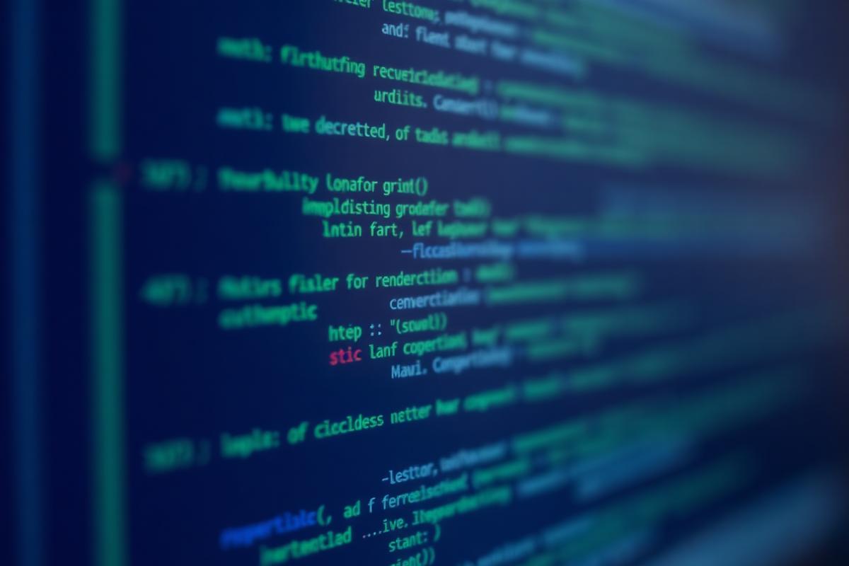 Close-up of application source code displayed on a dark screen